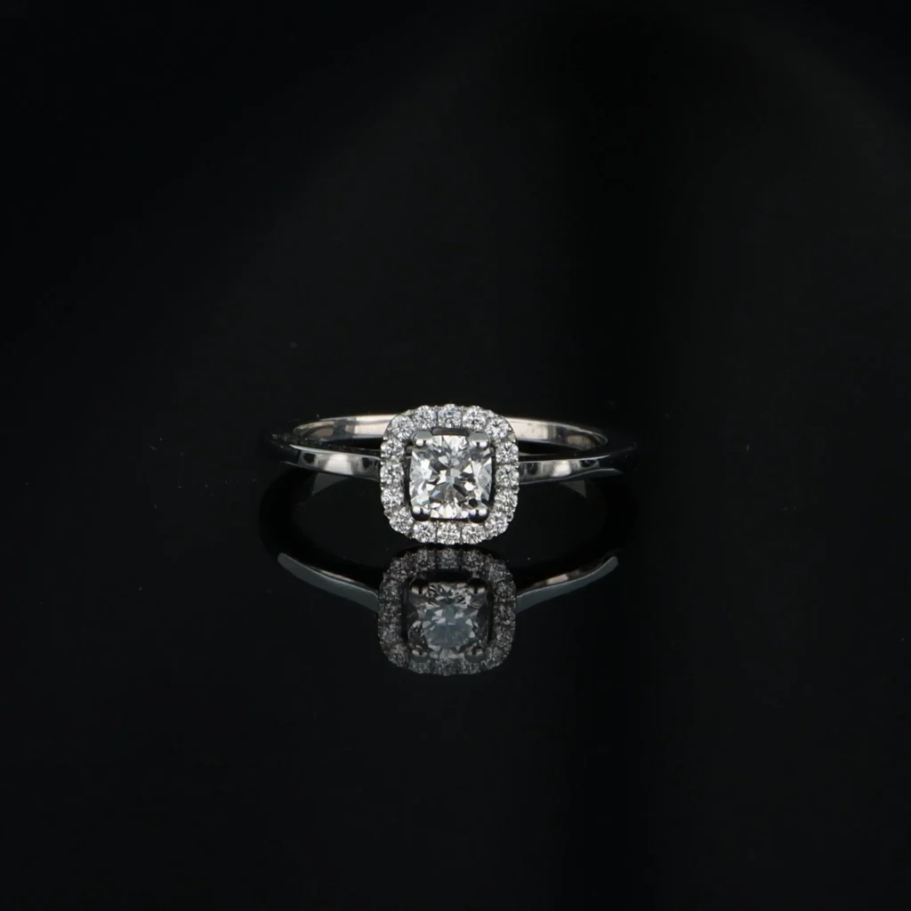 White gold ring with cushion-cut diamond from Bollwerk Jewelers