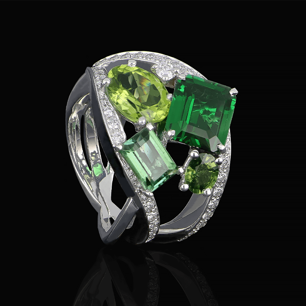 Bague or blanc, diamants blancs, saphir vert, tourmaline, péridot et tsavorite
