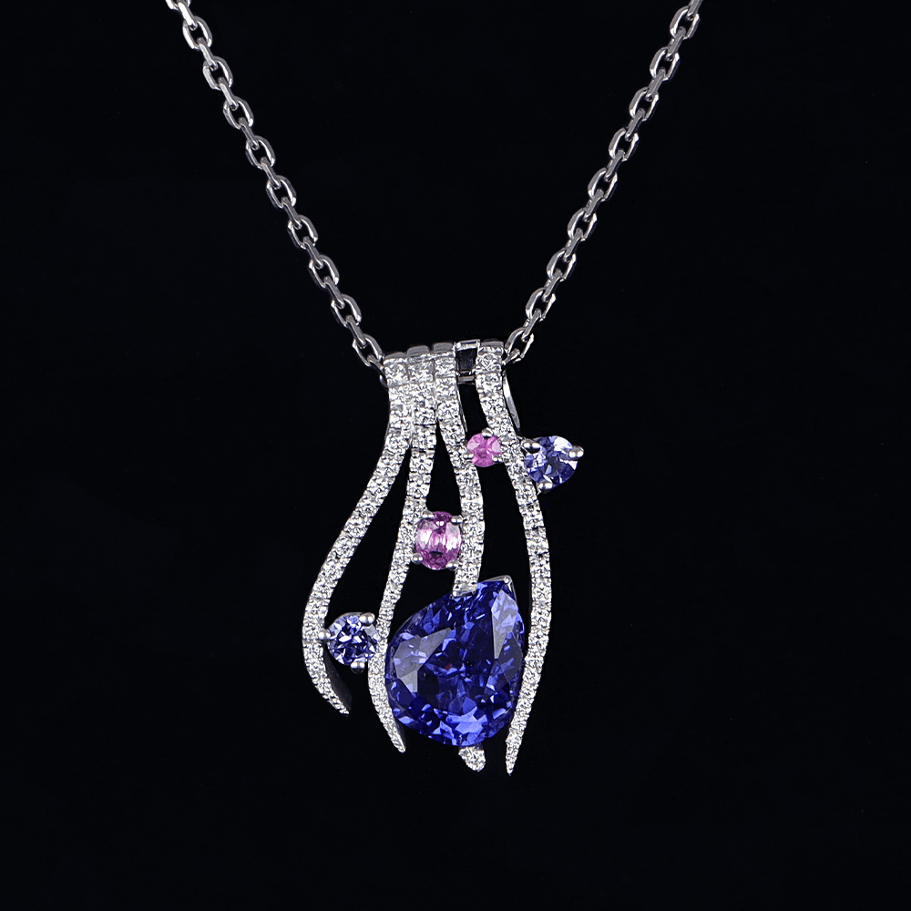 White gold pendant, white diamonds, sapphires