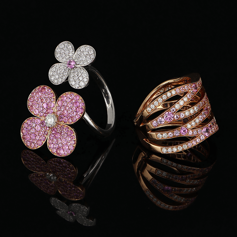 Bagues serties de saphirs roses et diamants blancs
