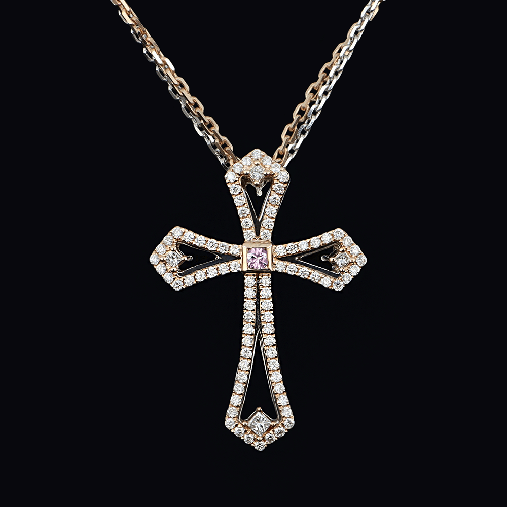 Cross necklace, white and yellow gold, white diamonds and pink sapphire
