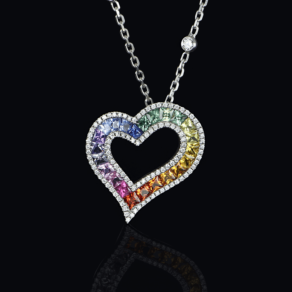 White gold necklace with white diamonds and multicolored sapphires