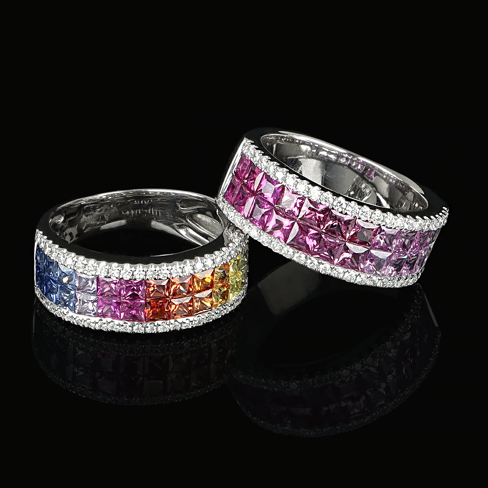 Bagues en or blanc, diamants blancs et saphirs multicolores