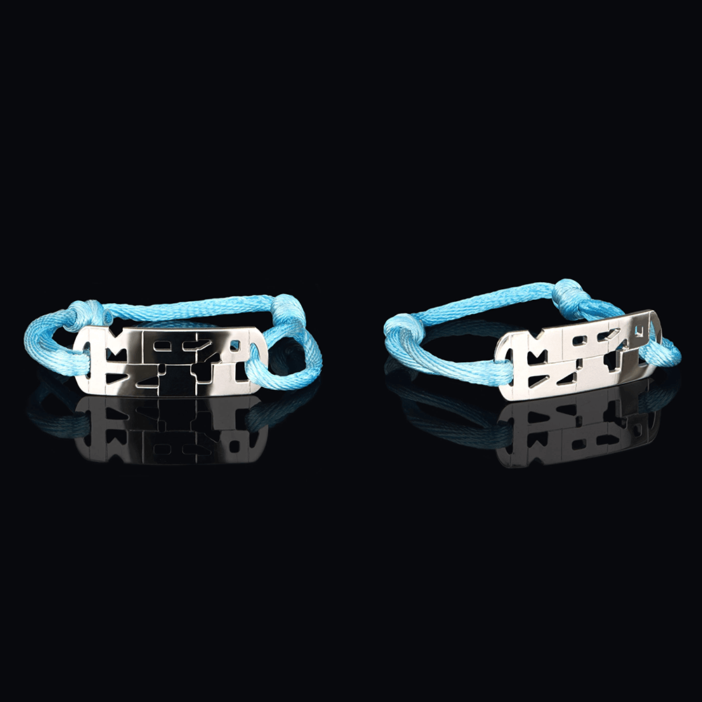 Bracelet enfant en or blanc, cordon bleu turquoise