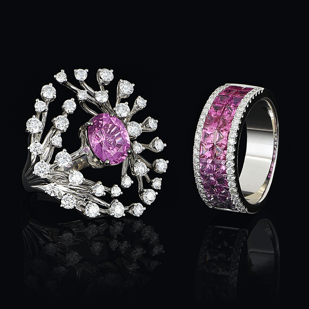 Bagues en or blanc, diamants blancs et saphirs roses