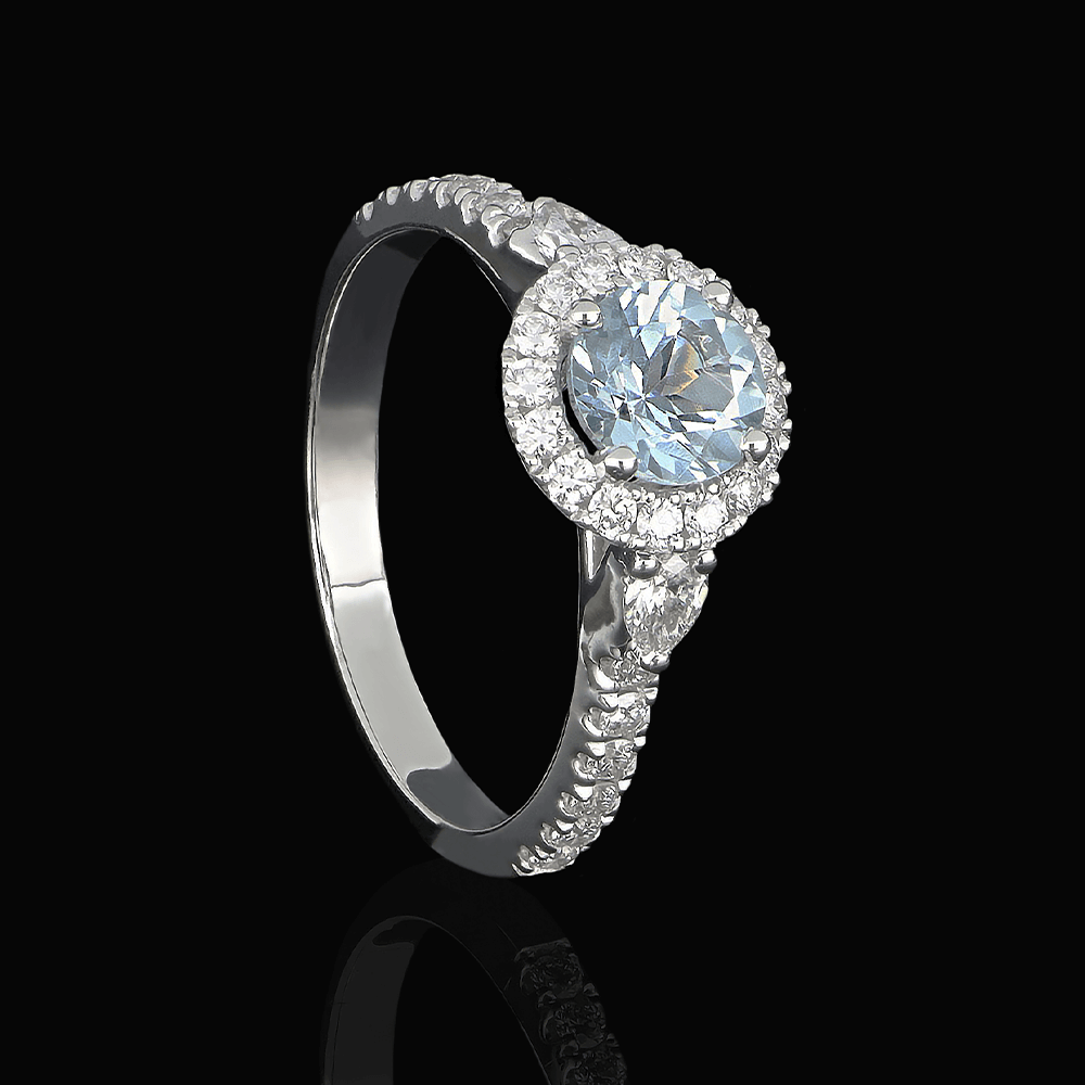 Solitaire or blanc, diamants blancs et aigue-marine
