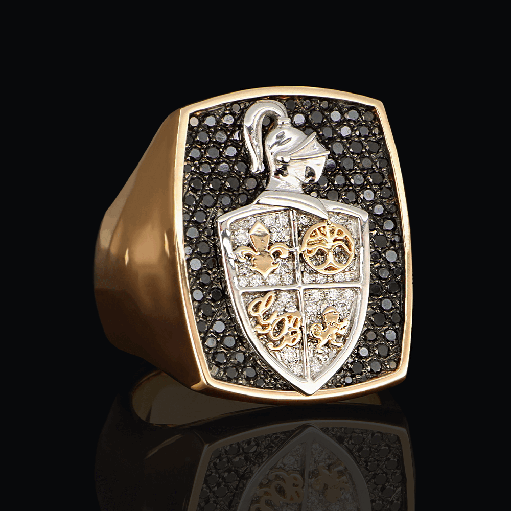 Chevalière or rose, diamants blancs et noirs
