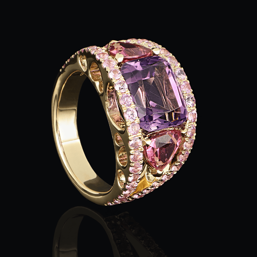 Bague or jaune, améthyste et saphirs roses