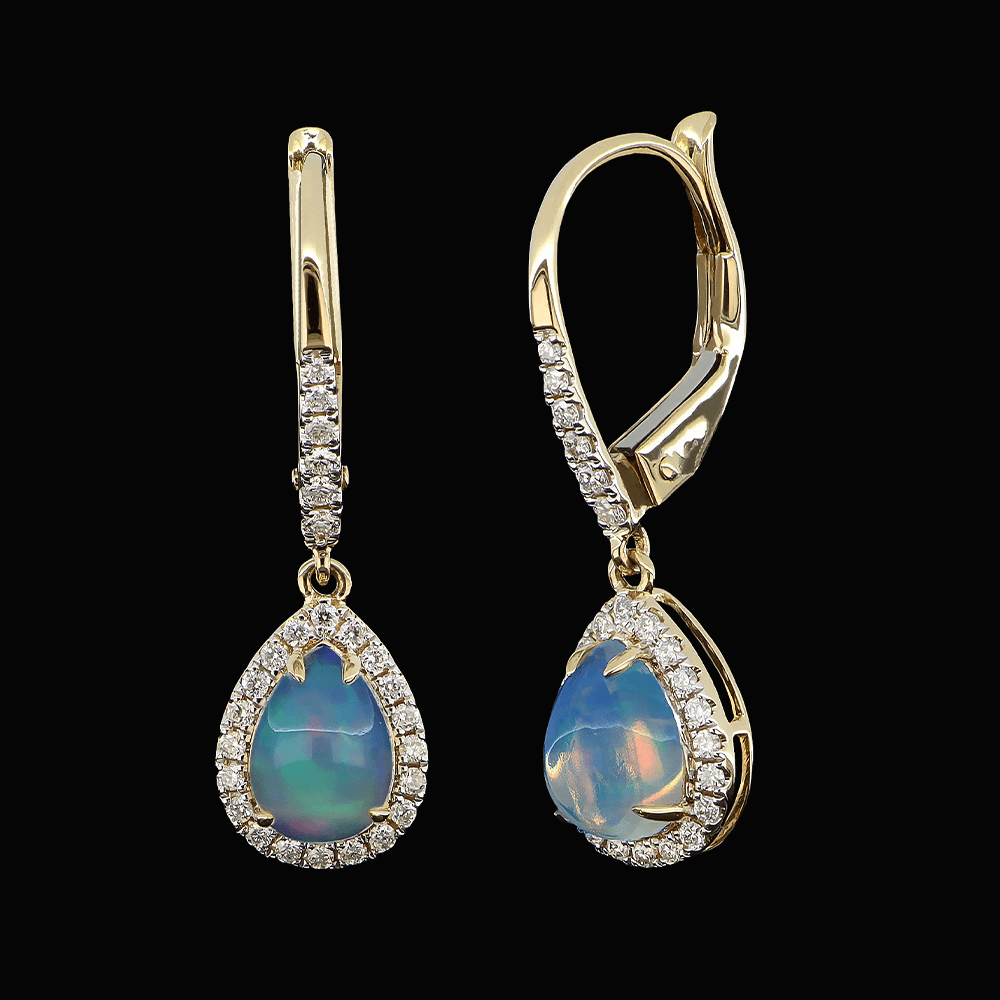 Boucles d'oreilles en or jaune, diamants blancs et opales