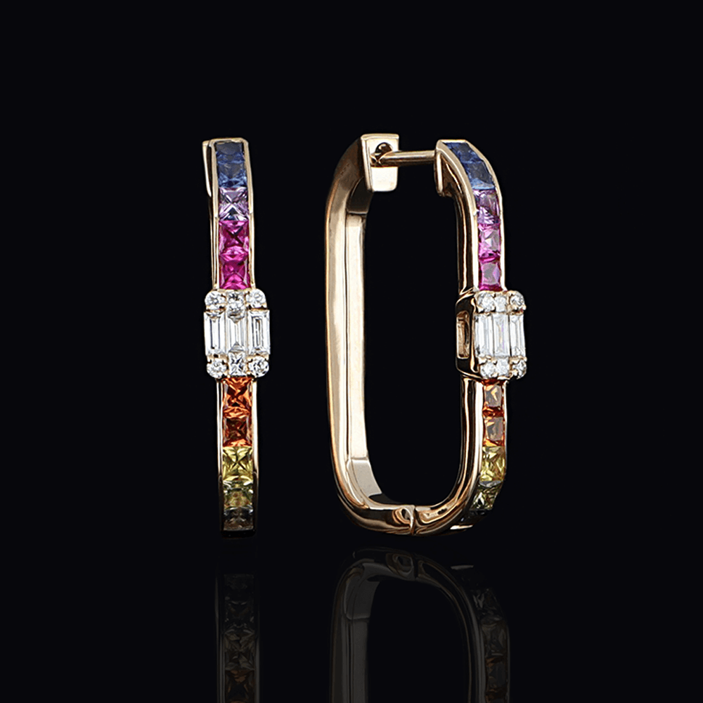Boucles d'oreilles en or jaune, diamants blancs et saphirs multicolores
